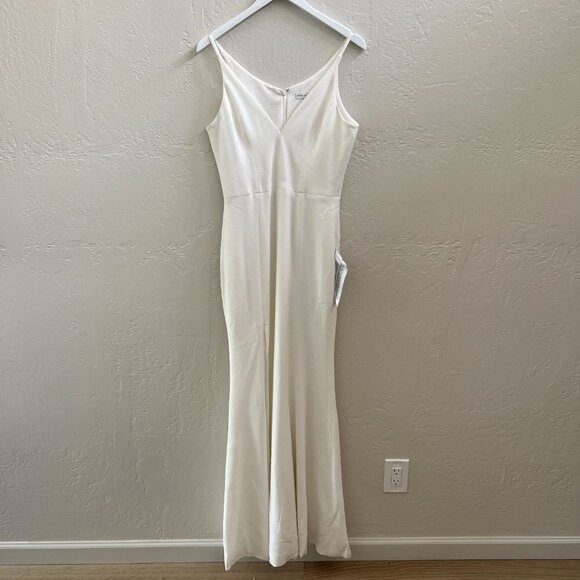 NEW Dress the Population Iris Crepe Plunge Side Slit White Maxi Gown - Picture 7 of 13